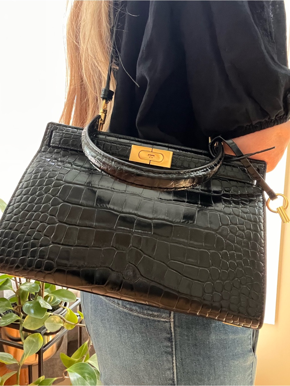 Tory Burch Lee Rodziwill Black Croc Embossed Leather Top Handle/Shoulder Bag - Picture 12 of 15